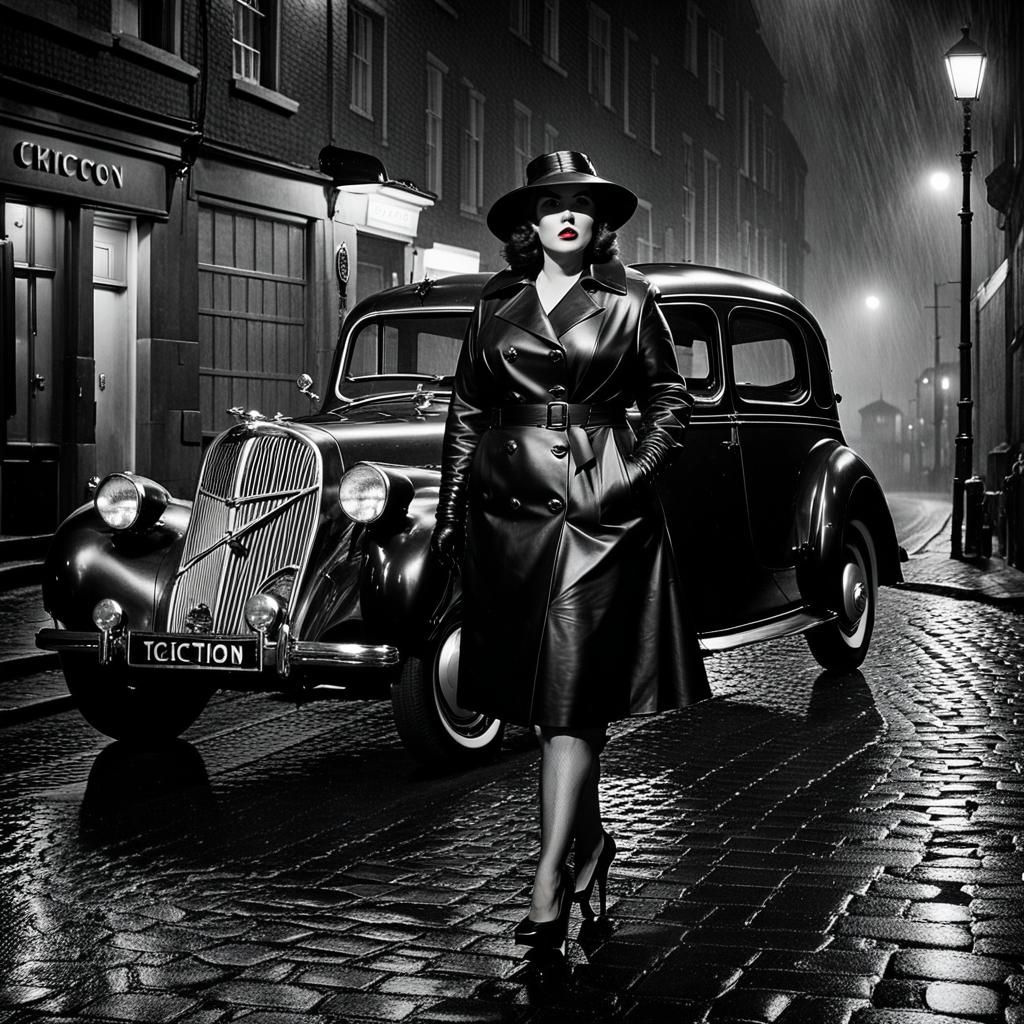 Film Noir Woman in Rainy City Street