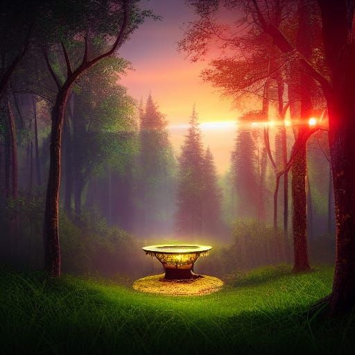 Glowing Well in Green Forest at Sunset