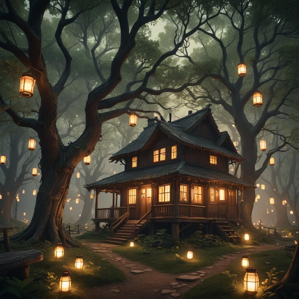 Cozy Cabin in Mystical Forest: Symbolist Matte Painting