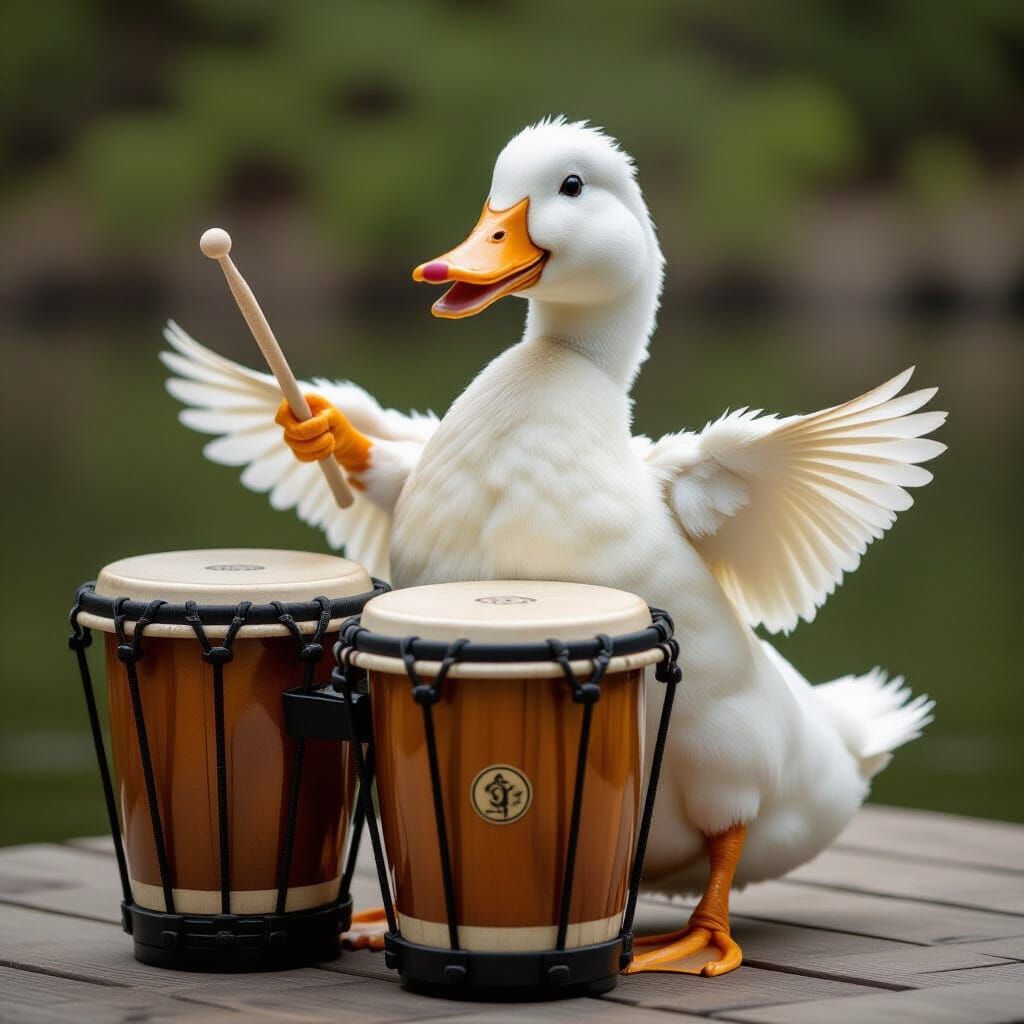 Duck Plays Bongo Drums in Humorous Scene