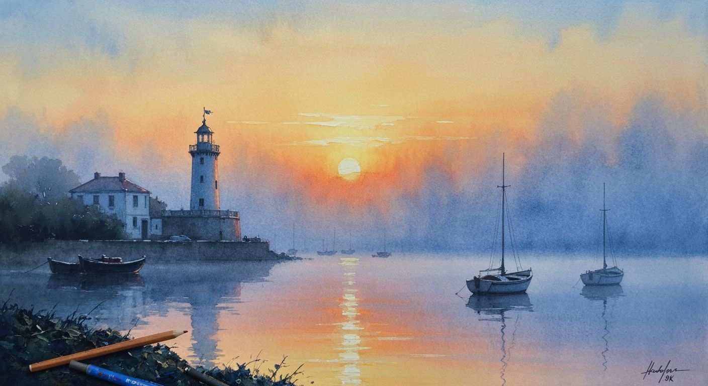 Misty Lighthouse Sunset Watercolour Painting