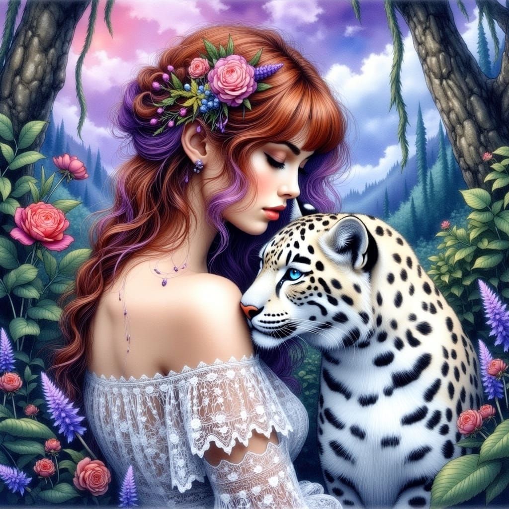 Mystical Woman with Snow Leopard in Dreamlike Canyon