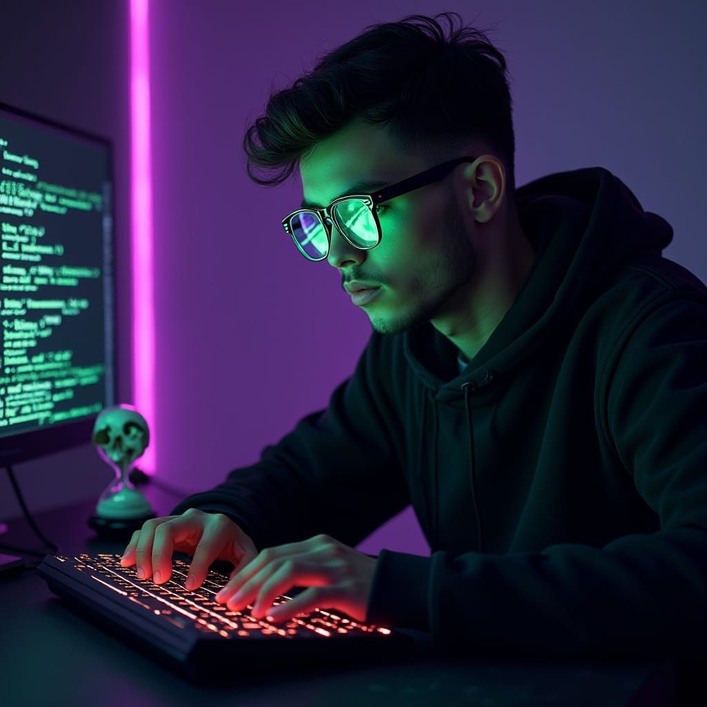Cyberpunk Coder with Neon Matrix Code and Binary Rain