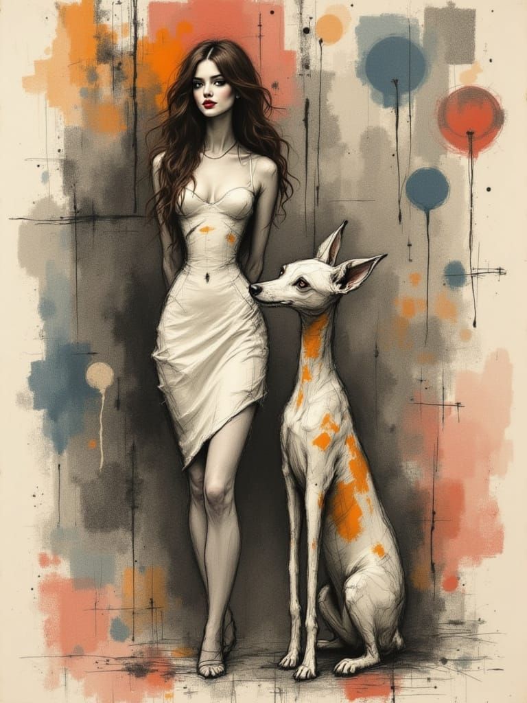 Angular Woman with Dog in Vibrant Abstract Background