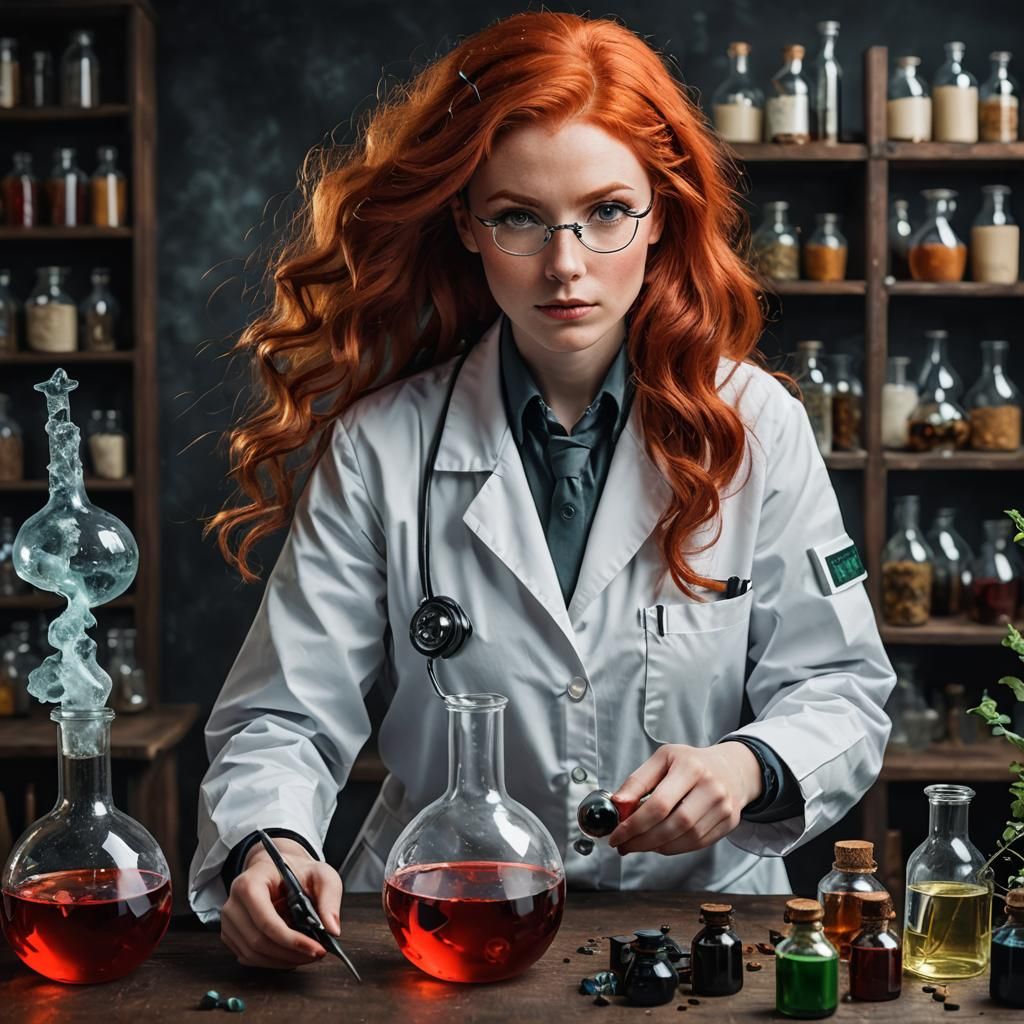Red-Haired Scientist with Exaggerated Proportions