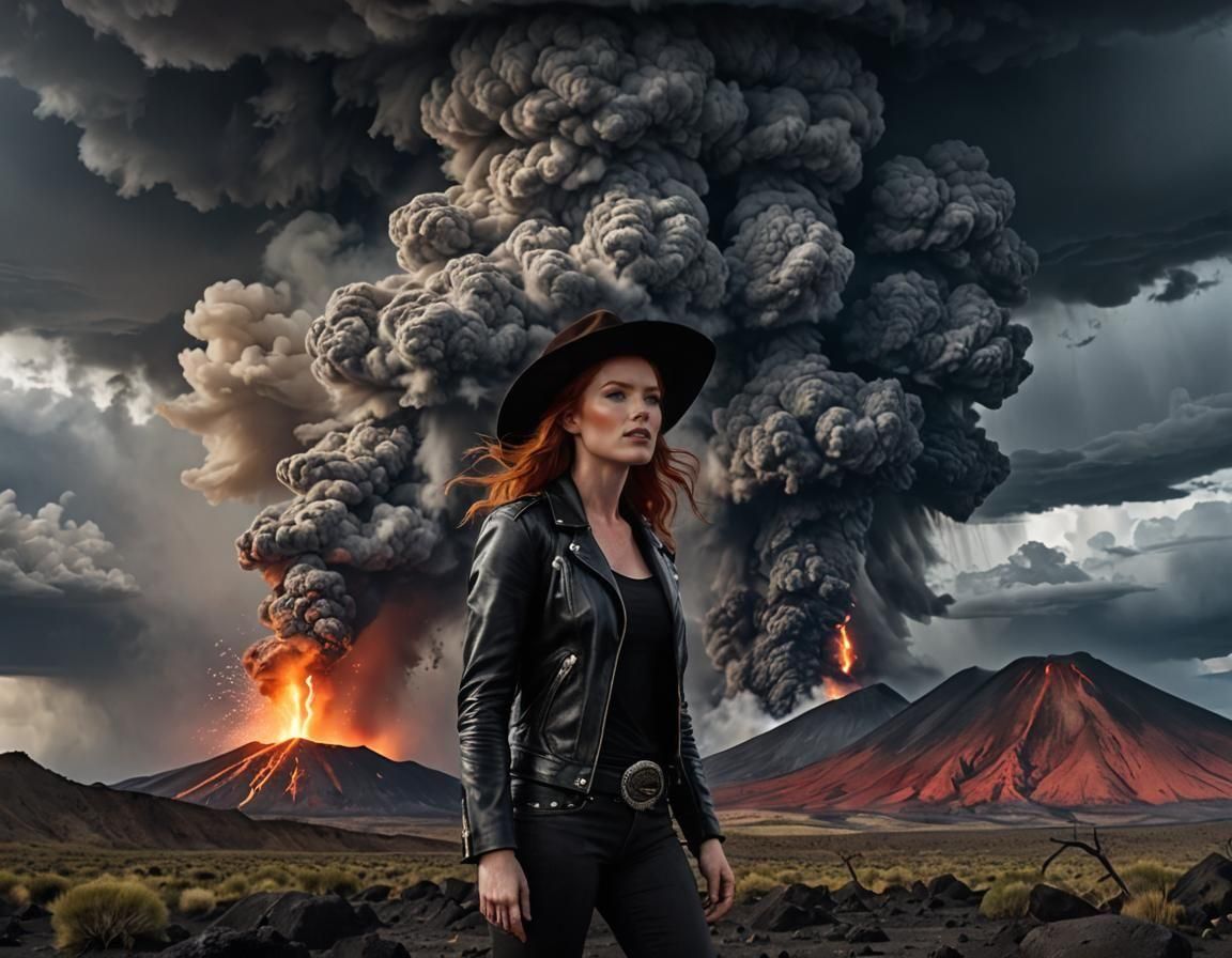Volcanic Eruption with Red-Haired Woman, Hyperrealistic Phot...