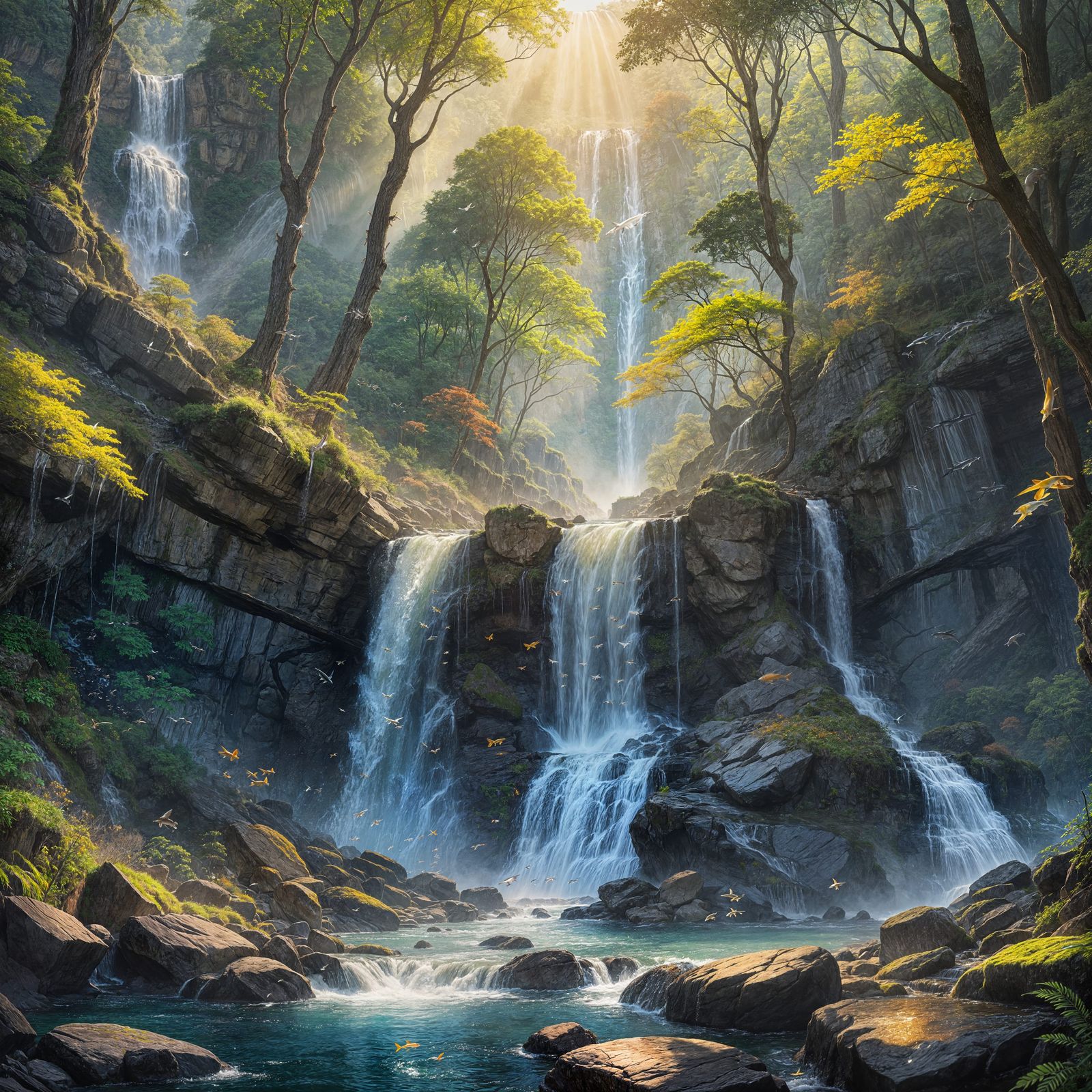 Mystical waterfall displaying flying fish moving up the fall...