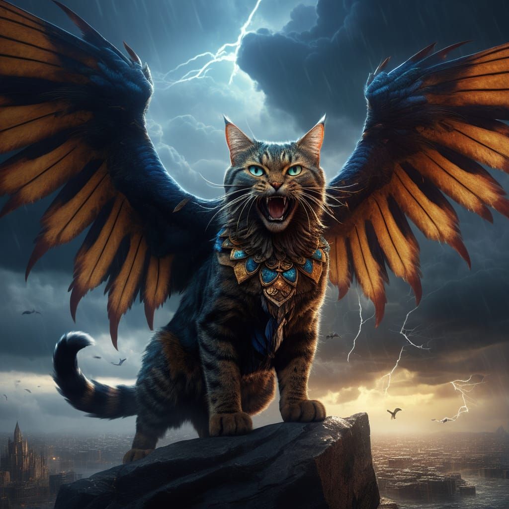 Sky Cat Protecting Orphans: Detailed Matte Painting