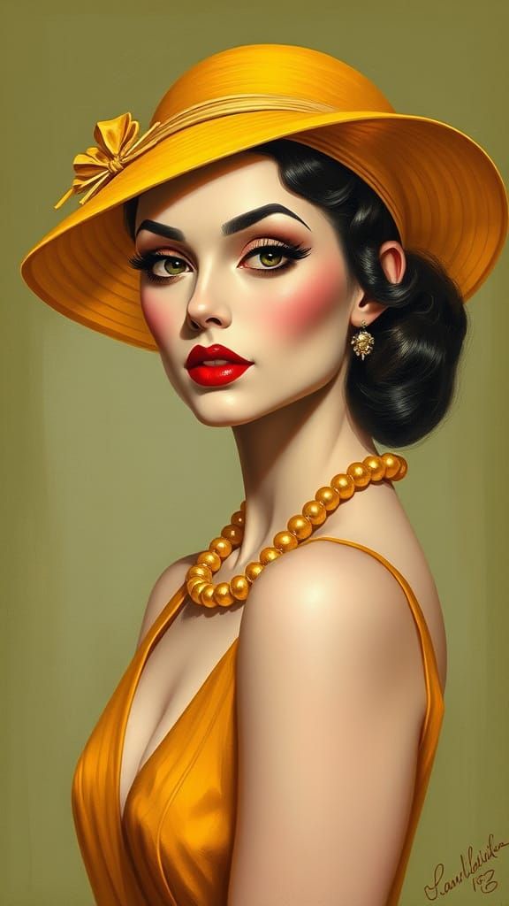 Glamorous Woman in Yellow Hat: Oil Painting