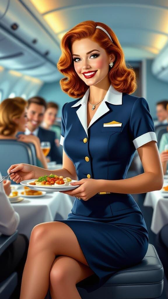 1970s Stewardess Serving Meals on Vintage Airplane
