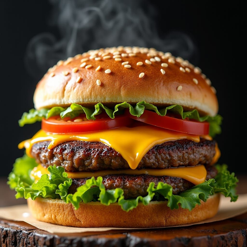 Mouthwatering Gourmet Cheeseburger in Hyper-Realistic Detail