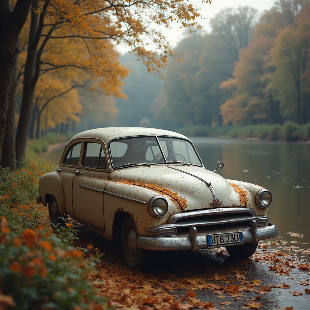 Beautiful Woman by Old Car with Mountain View