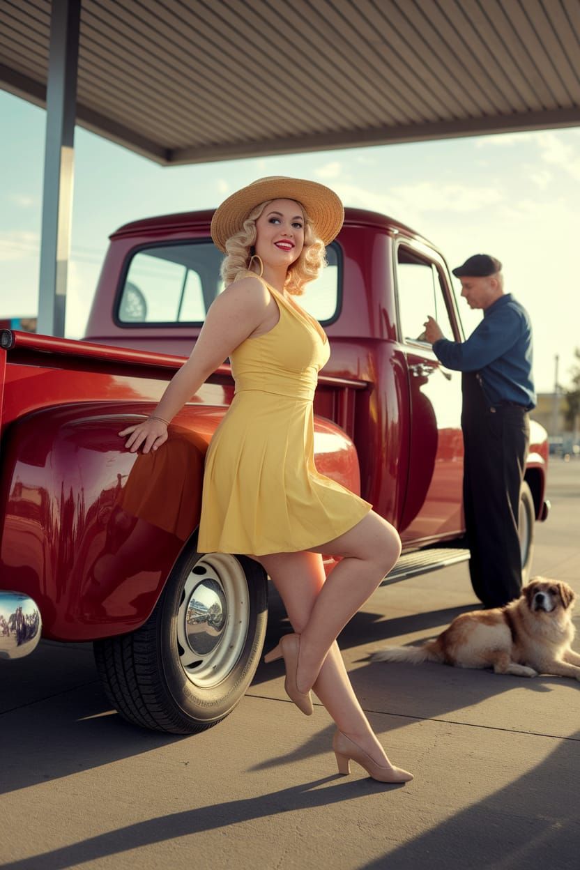 Retro 1950s pin-up photo of a curvy blonde in a yellow sundr...