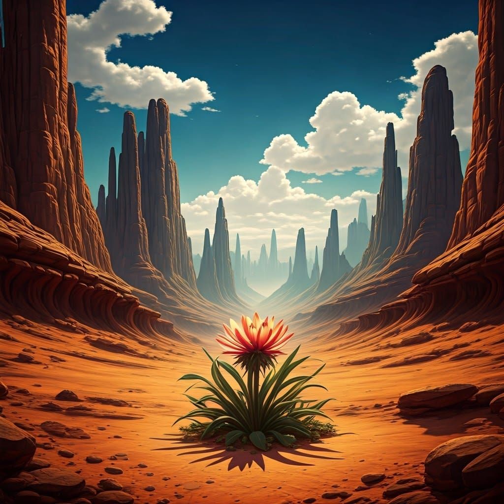 Exotic Bloom in Arid Canyon, High-Fantasy Art