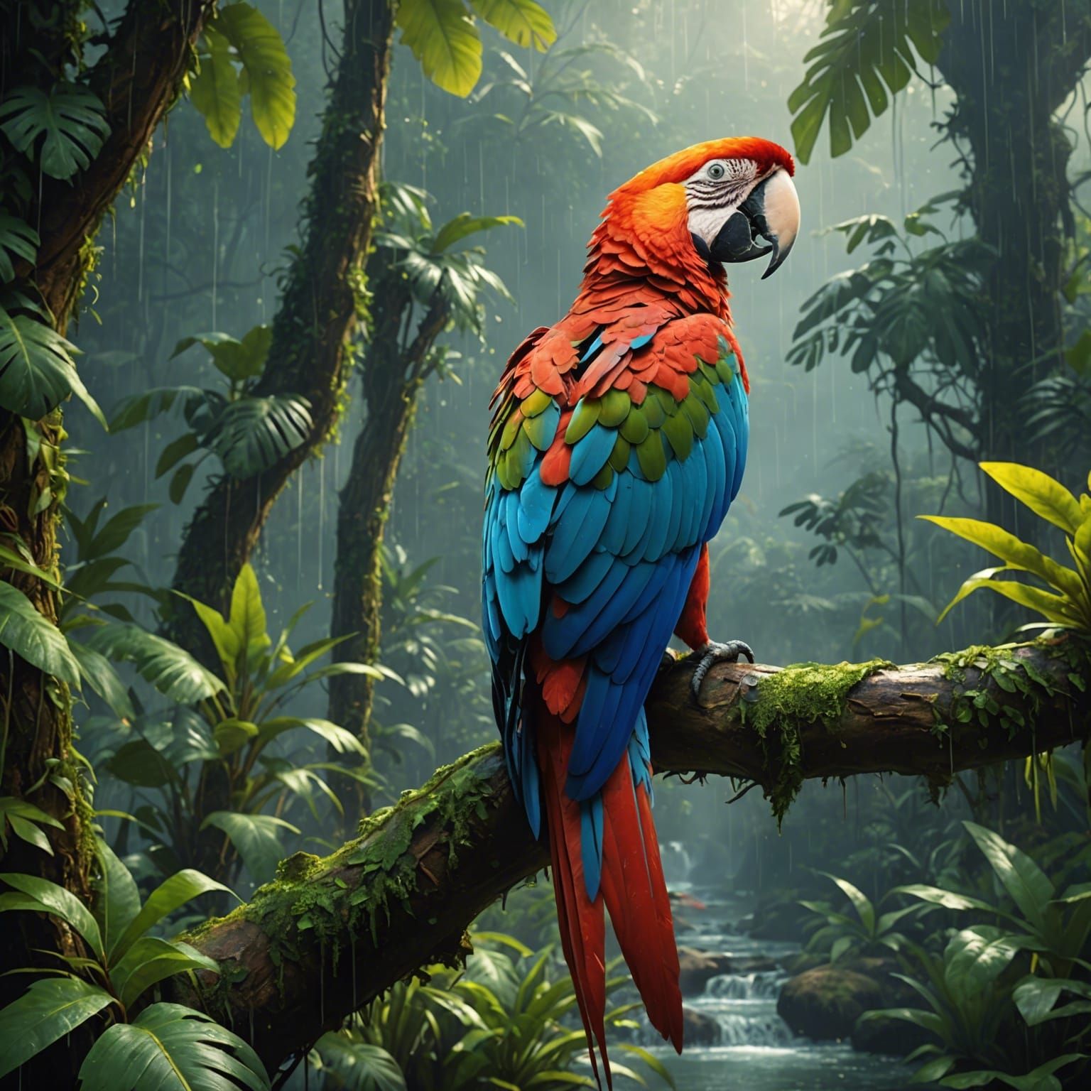 Macaw in Rainforest: Ethereal Matte Painting