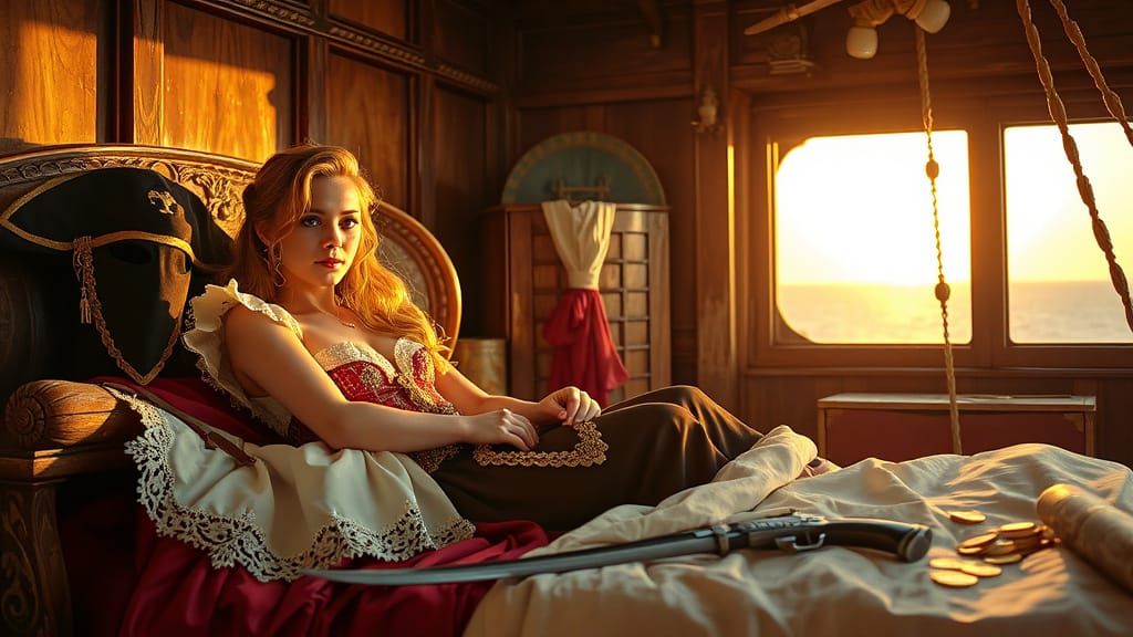 Pirate Queen in Baroque-Gothic Galleon Cabin
