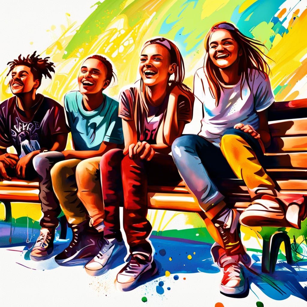 Happy Teens on Park Bench in Digital Art Style