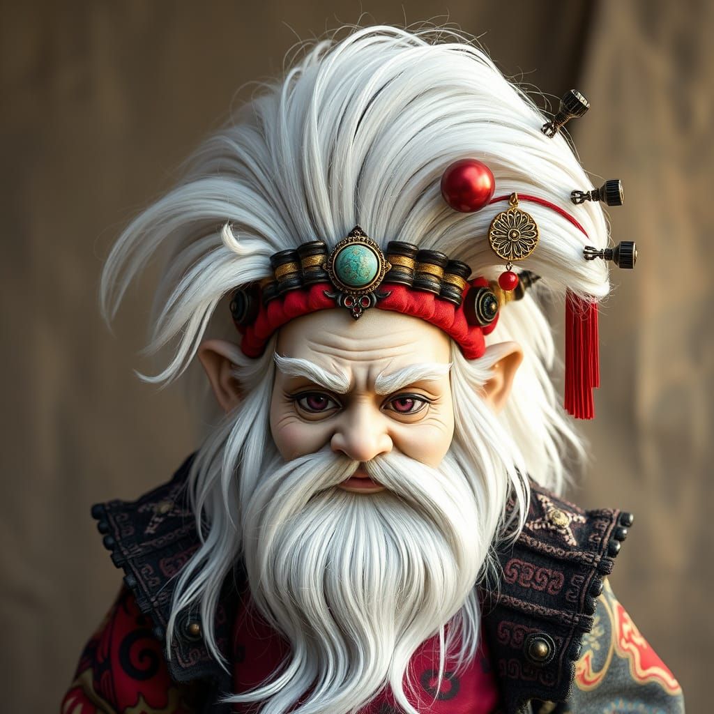 Kabuki Hairstyle on White-Haired Machine Gnome