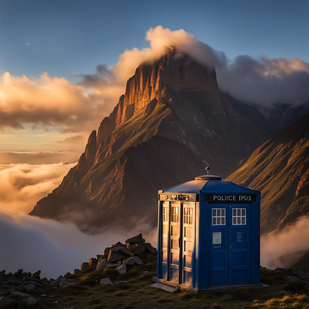 Mount Olympus at Dawn: Man Exits Police Box