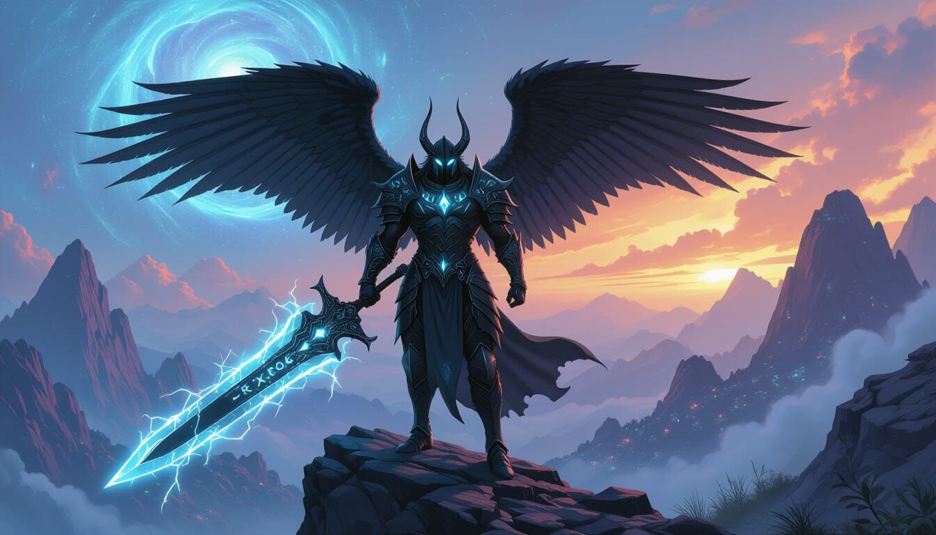 Fallen Angel Warrior on Alien Peak in Comic Art Style