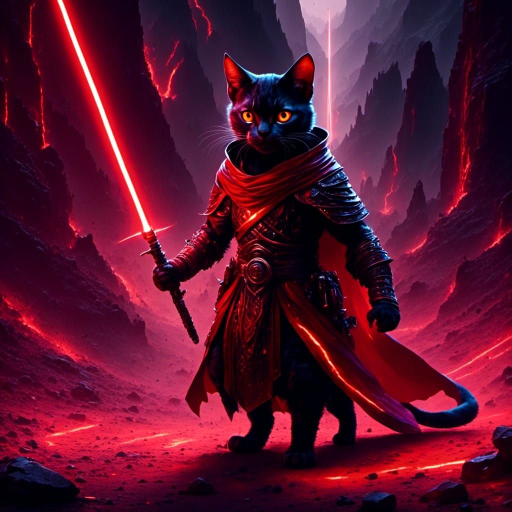 Sith Cat Lord with Lightsaber in 3D Cinematic Style