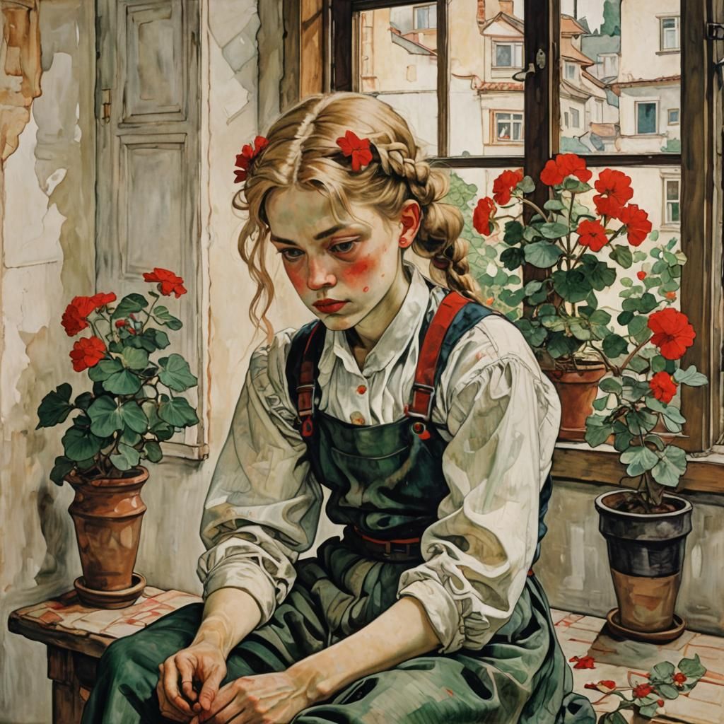 Girl with Braids in Room, in Expressionist Style