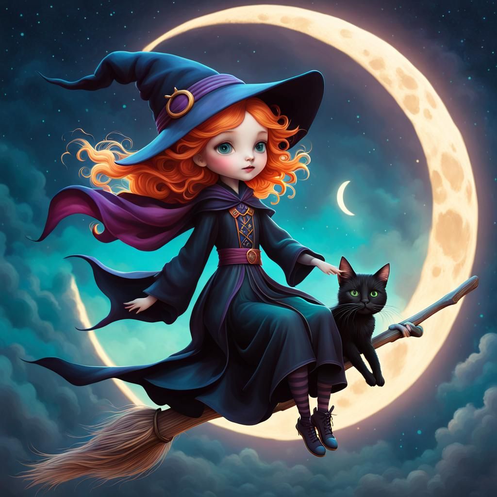 Whimsical Witch and Cat Flying to the Moon