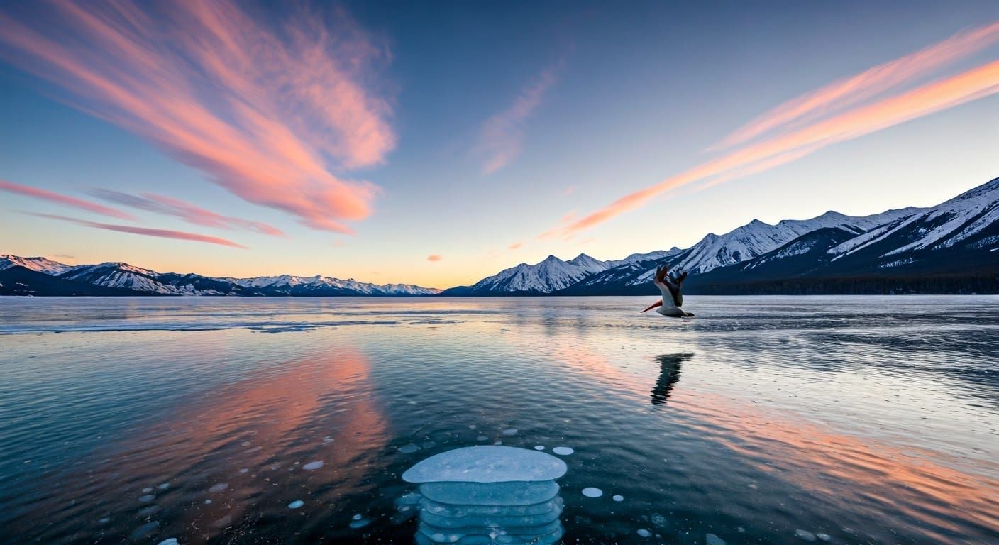 Abraham Lake Winter Scene with Pelican