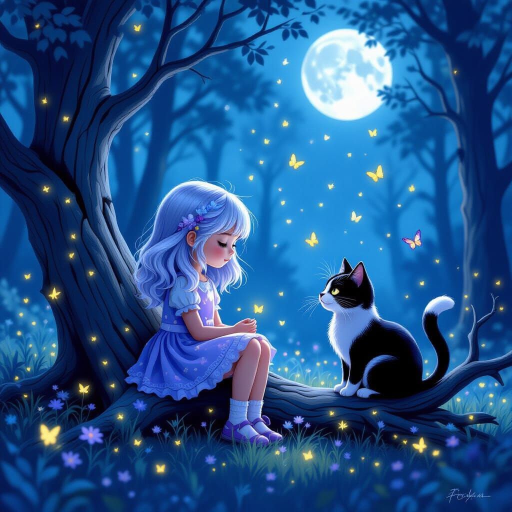 A little girl with silver and purple hair sits on an old, br...