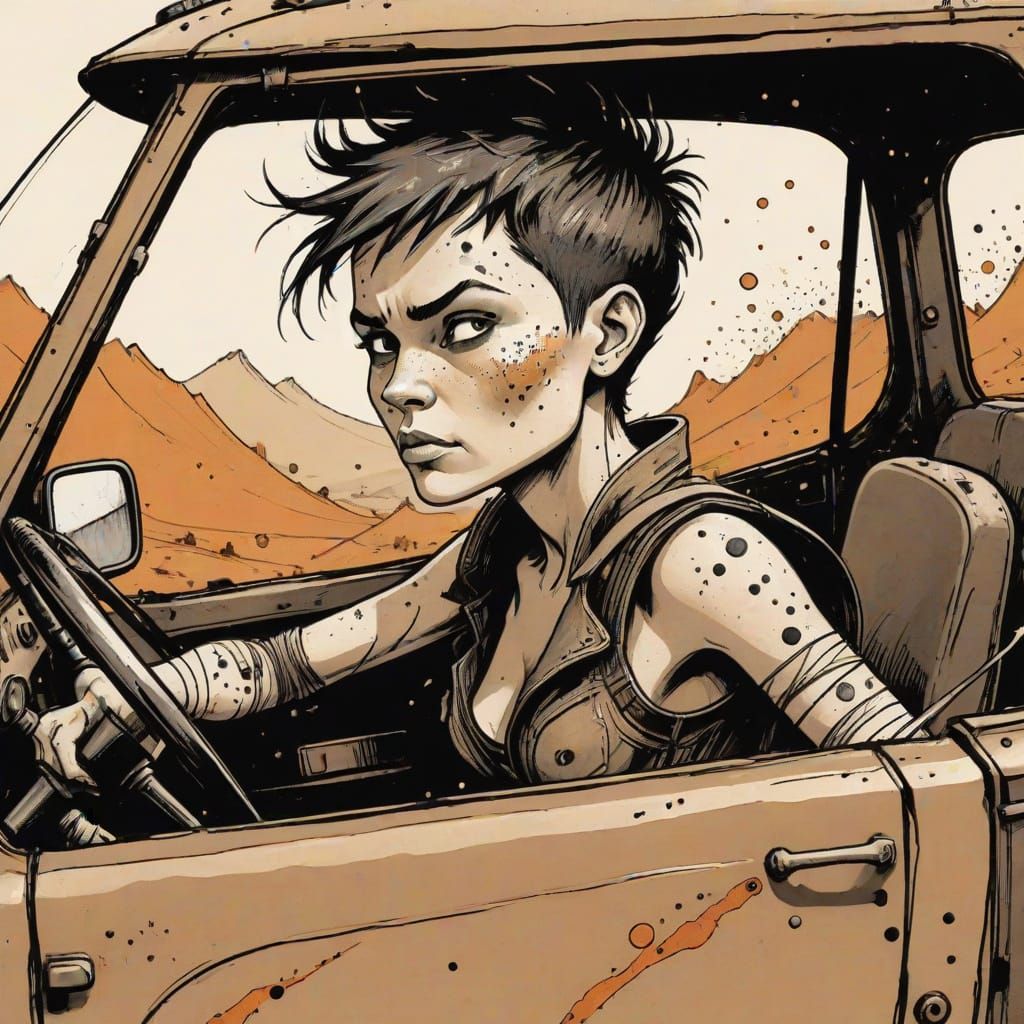 Furiosa Driving in Whimsical Ink Illustration