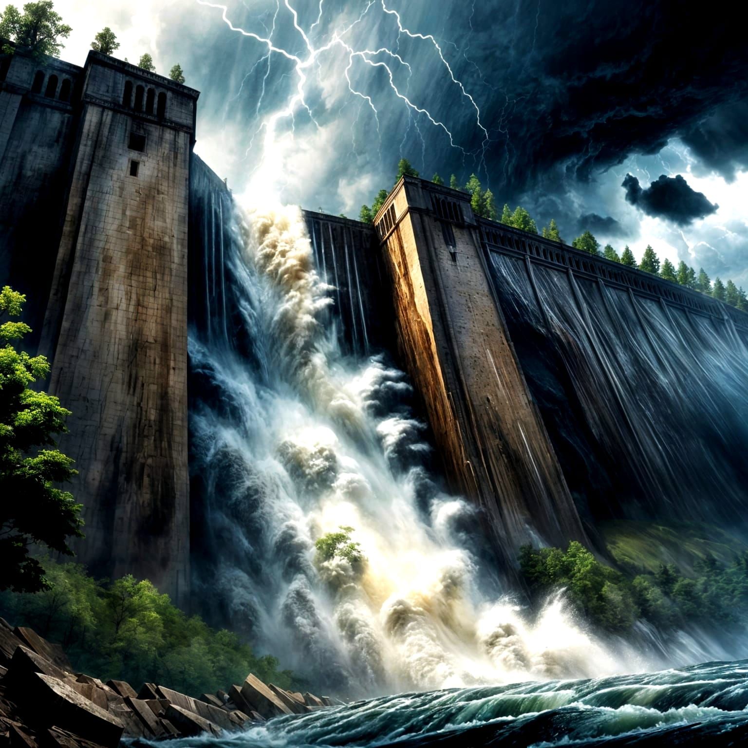 Menacing Dam Burst During Thunderstorm, Photorealistic Conce...