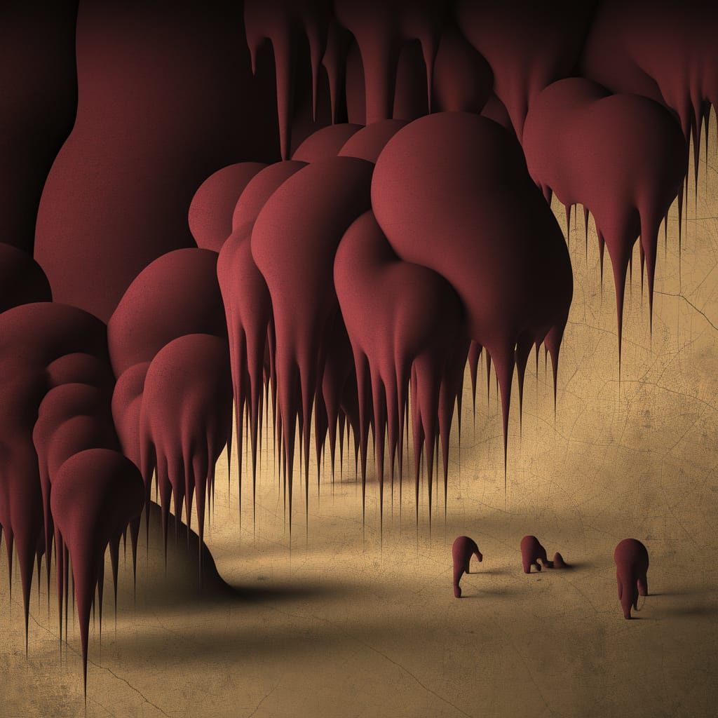 A surreal artwork in a deep, burgundy crimson and pale, anti...