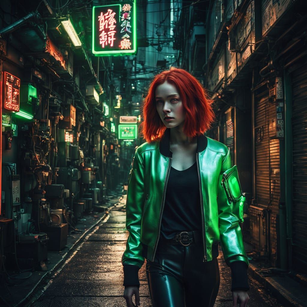 Cyborg Goddess Strolls Through Tokyo Alleyways in Neon Haze