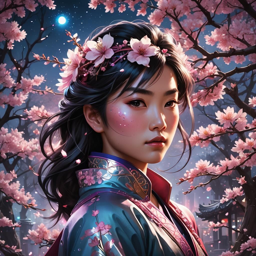 Mulan in Cherry Blossoms with Nebula Night Sky