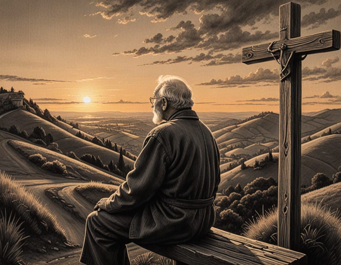 Old Man Singing Joyously at Sunset Sketch