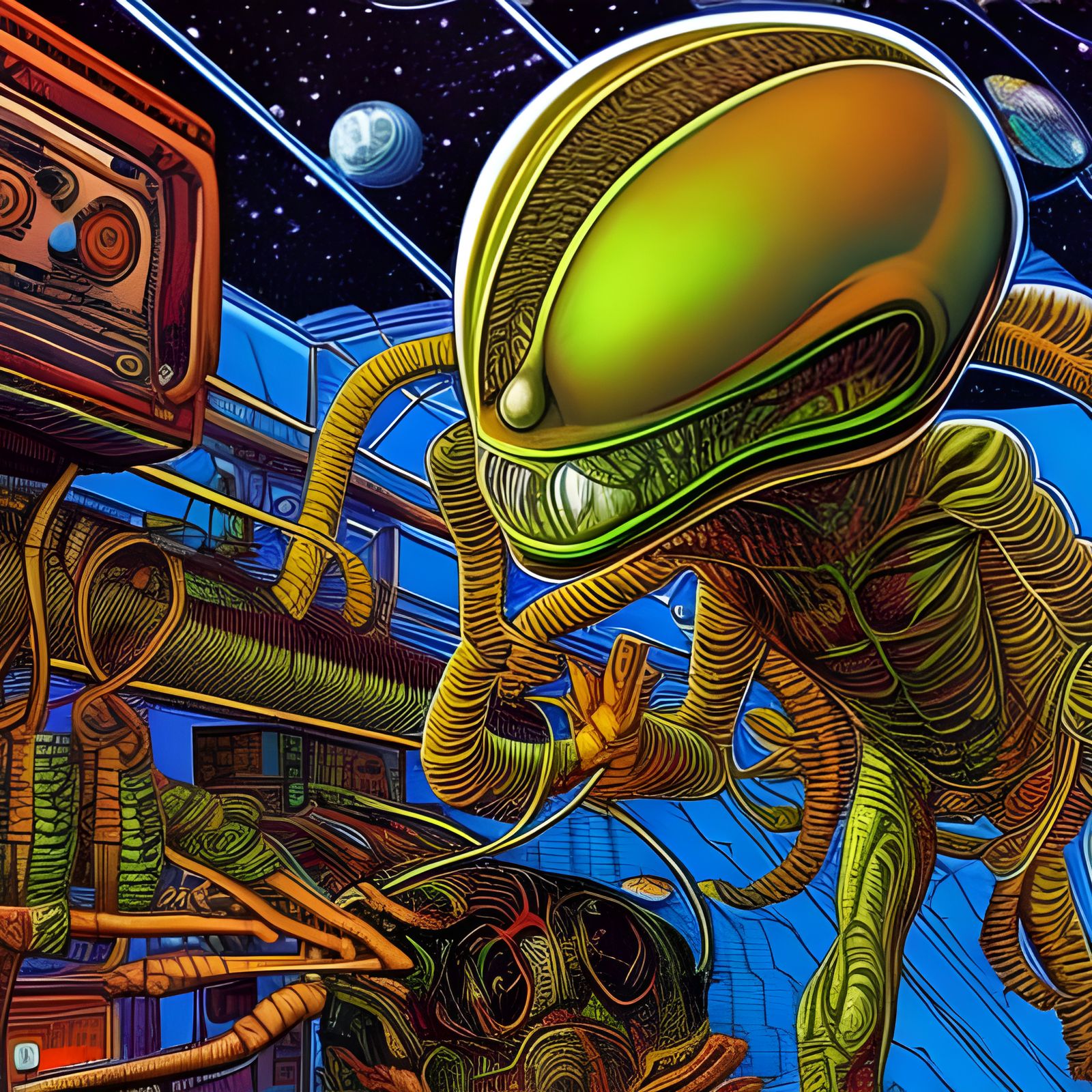Psychedelic Alien in Space Station Comic Art