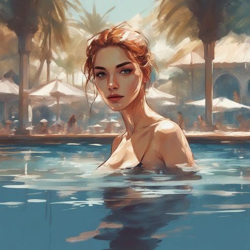 Beautiful Woman in Pool, Splash Art Style