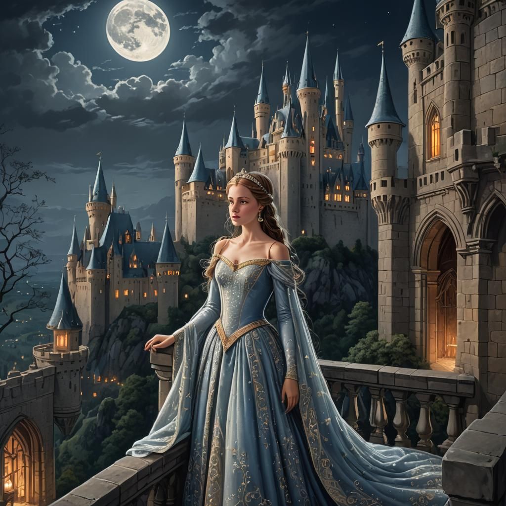 Moonlit Princess on Castle Balcony: Fantasy Painting