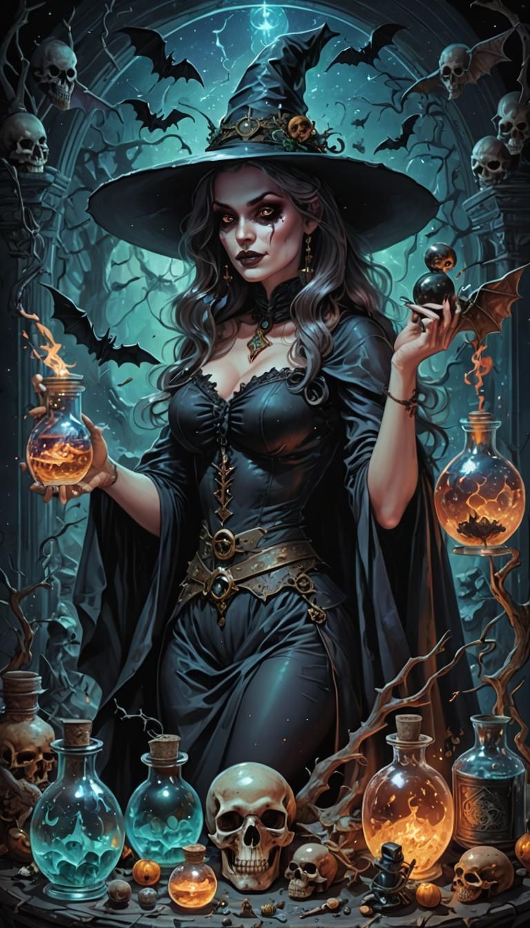 Cosmic Witch Pinup with Potions and Skulls