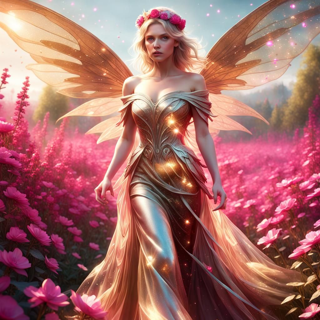 Blond Fairy Princess in Fuchsia Flower Field