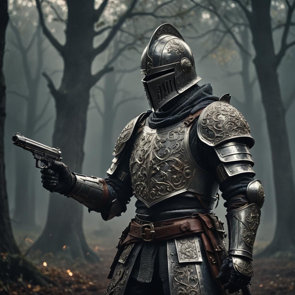 Knight with Gun in Dark Mist: Hyperrealistic Film Still