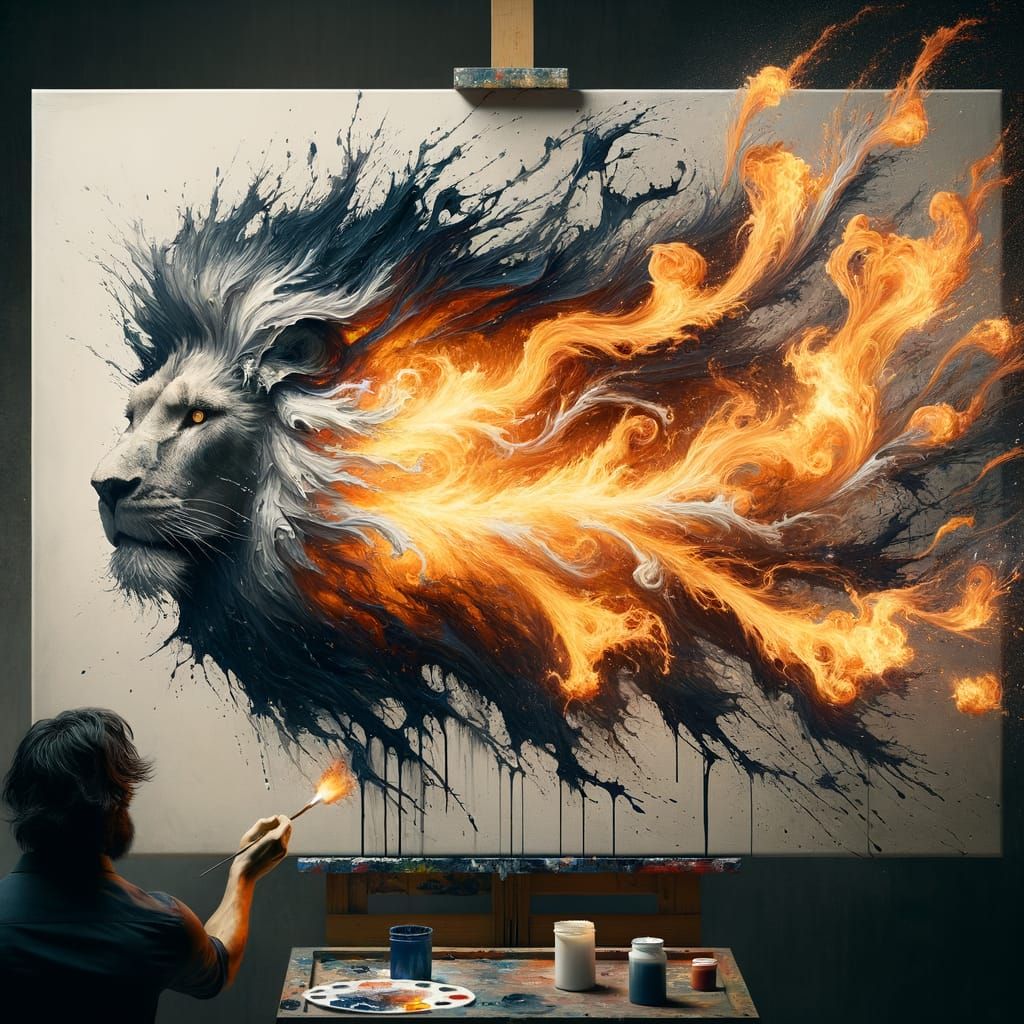 Fiery Paint Lion Emerges on Canvas