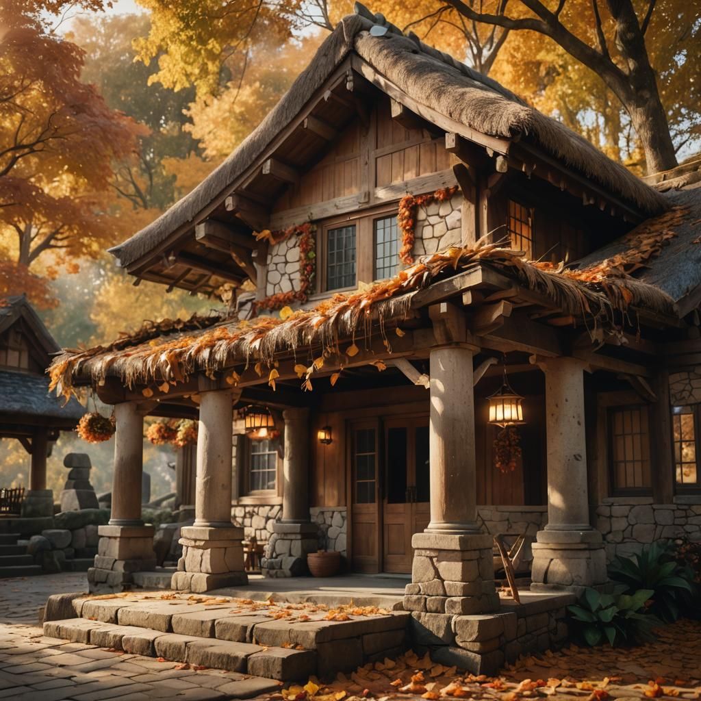 Autumn Fantasy Bathhouse in Rustic Photography Style