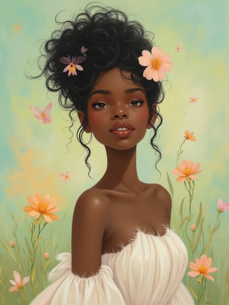 Black Woman with Floral Hair in Impressionist Style