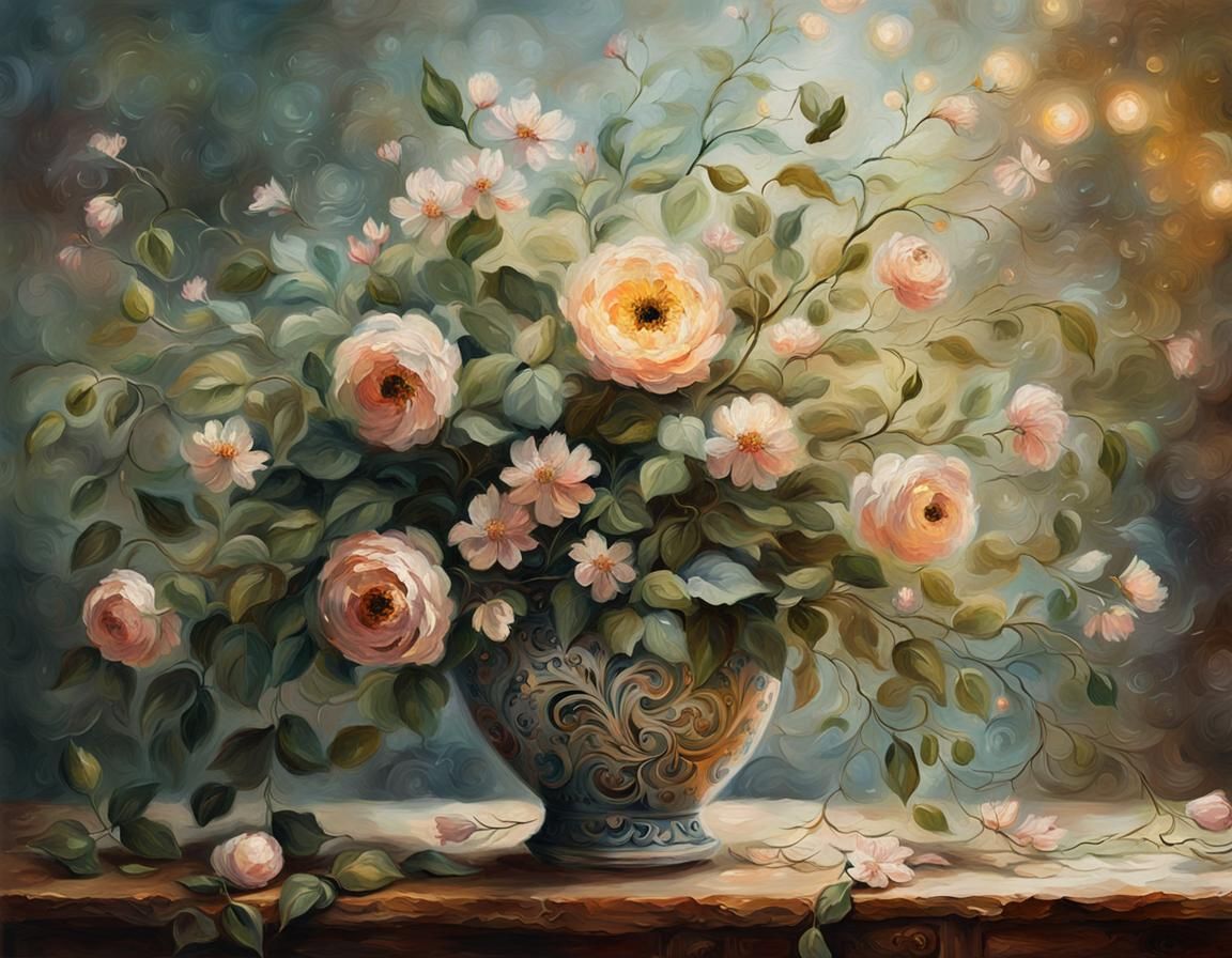 Baroque Floral Still Life with Fairy Lights