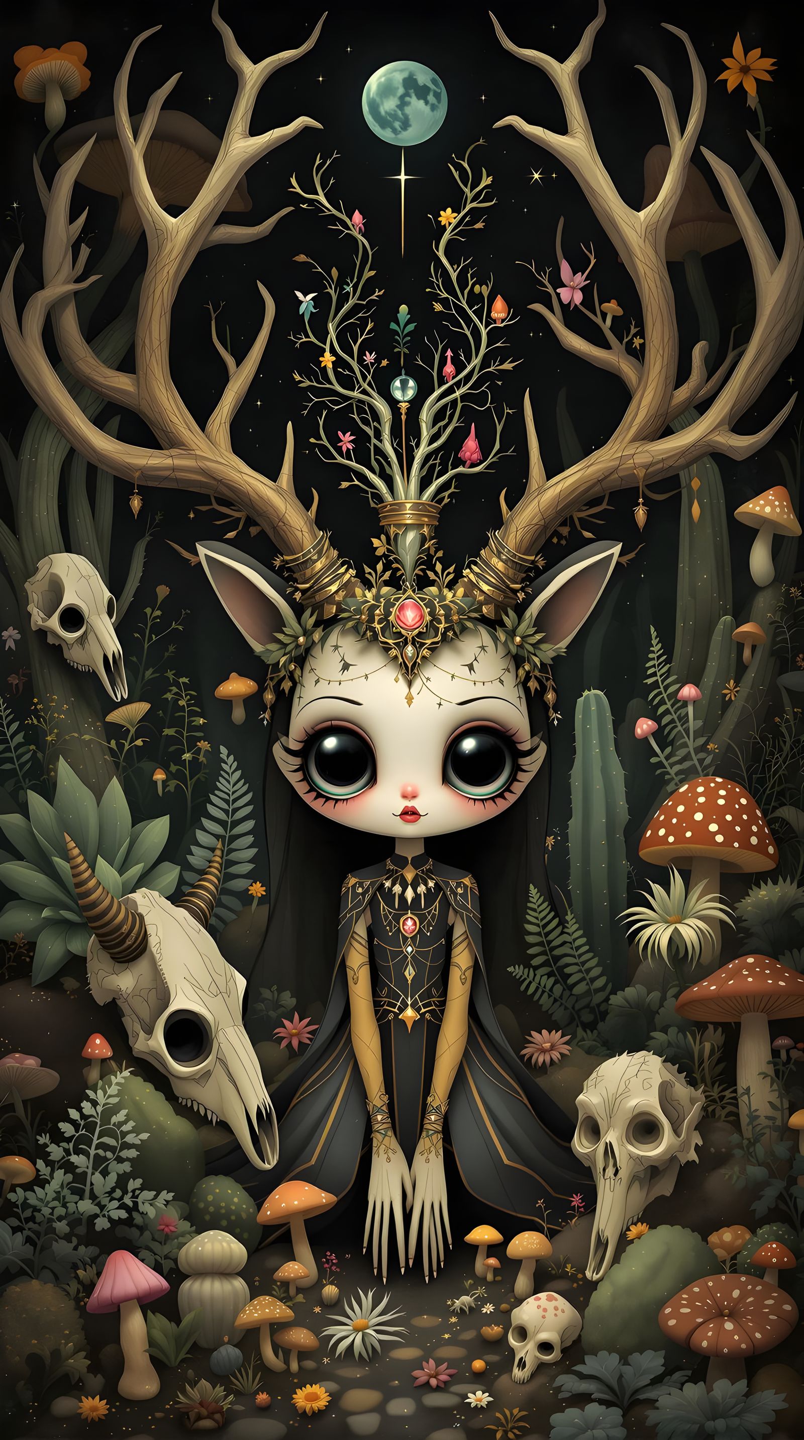 Mystical Ceridwen with Deer Skulls in Gothic Art Nouveau