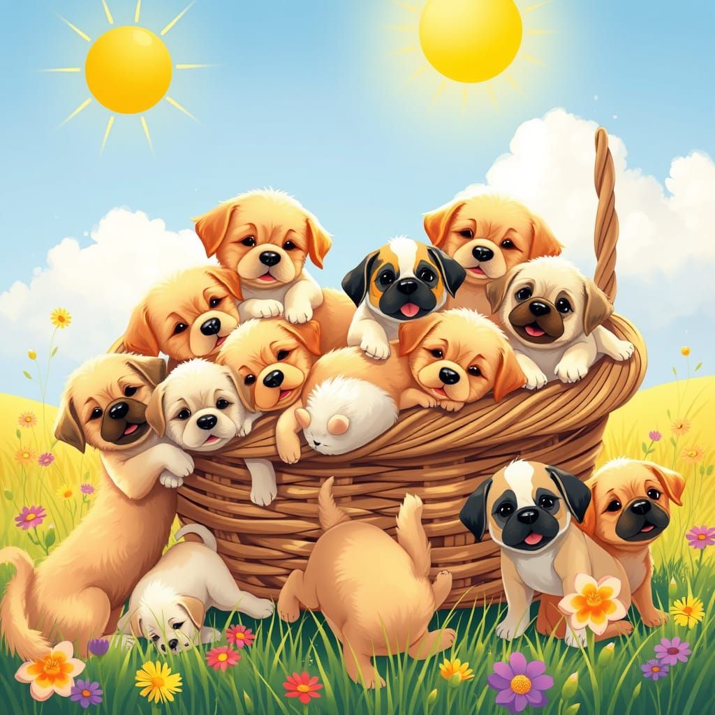 Fluffy Puppies in a Sunlit Meadow Illustration