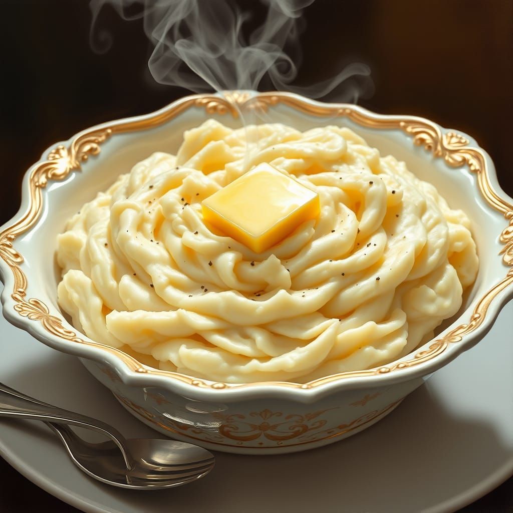 Creamy Mashed Potatoes in an Ornate White Dish