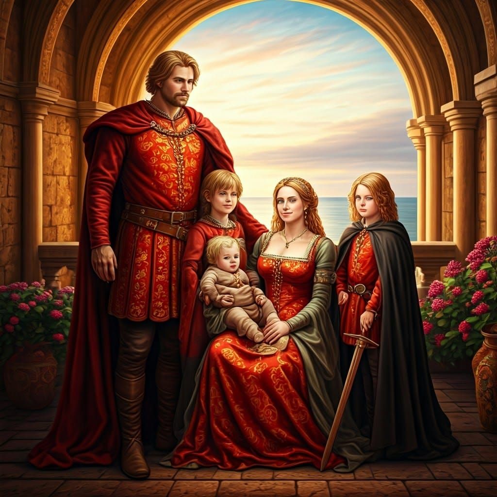 Medieval Noble Family Portrait in Sunlit Sea Landscape