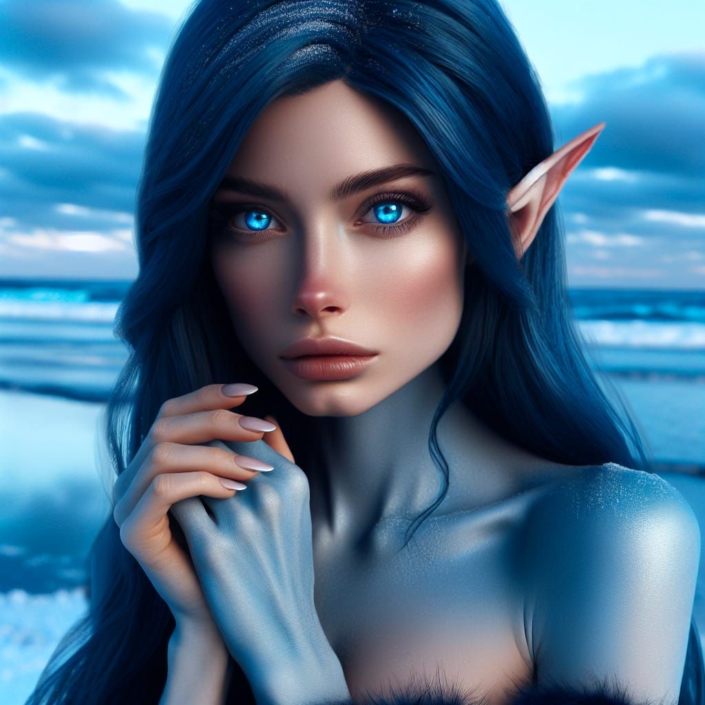 Serenely Sad Blue Elf Stands Alone on Icy Beach